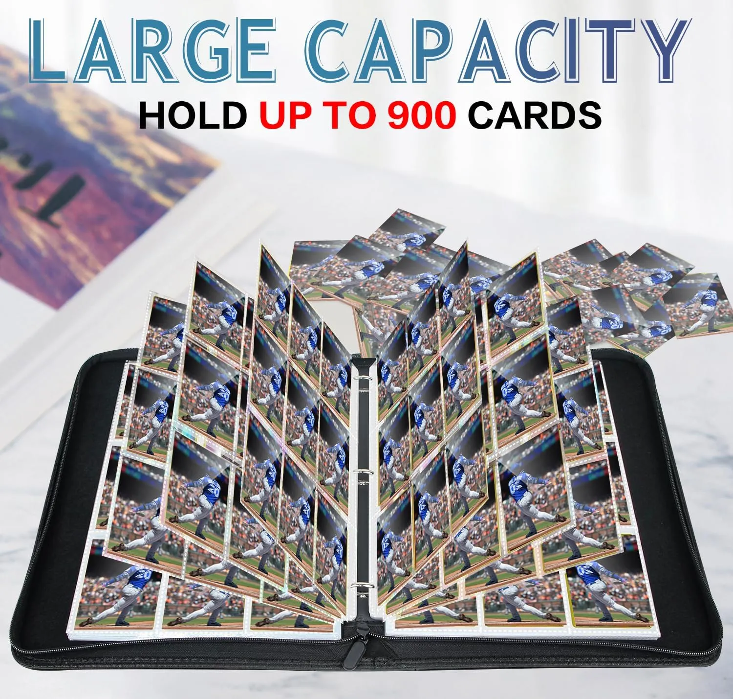 9 Pocket Trading Card Binder, 900 Pockets Basketball Binder for MTG, Top Loading Collector Album, PU Leather Folder for Game and Sports Cards (Blue)
