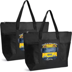 Abbylike 2 Pcs Bus Driver Gifts Tote Bags School Bus Driver Appreciation Day Gift Large Black Shoulder Bags with Zipper for Women Men