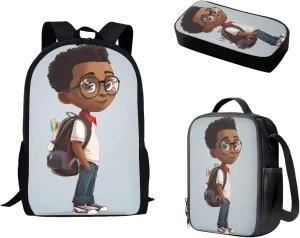 African Boy Backpack Set 3 Pcs High-capacity Laptop School Bag Insulated Lunch Box Pencil Case for Primary Junior School Kids Teens Bookbag