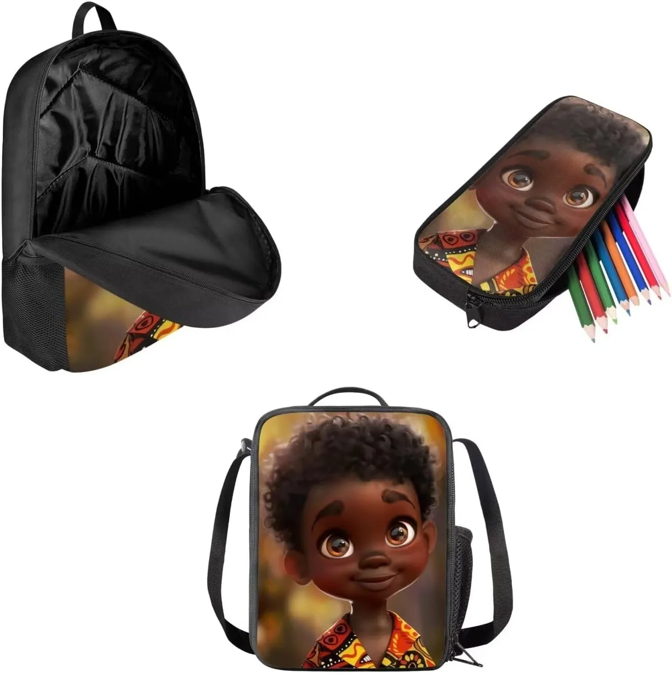 African Boy Backpack Set Laptop Bookbag Travel School Bag with Insulated Lunch Box Pencil Case for School African American Bookbag for Elementary Middle Student