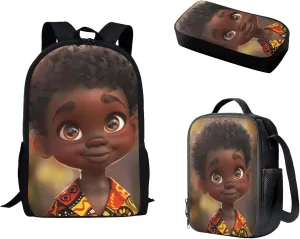 African Boy Backpack Set Laptop Bookbag Travel School Bag with Insulated Lunch Box Pencil Case for School African American Bookbag for Elementary Middle Student