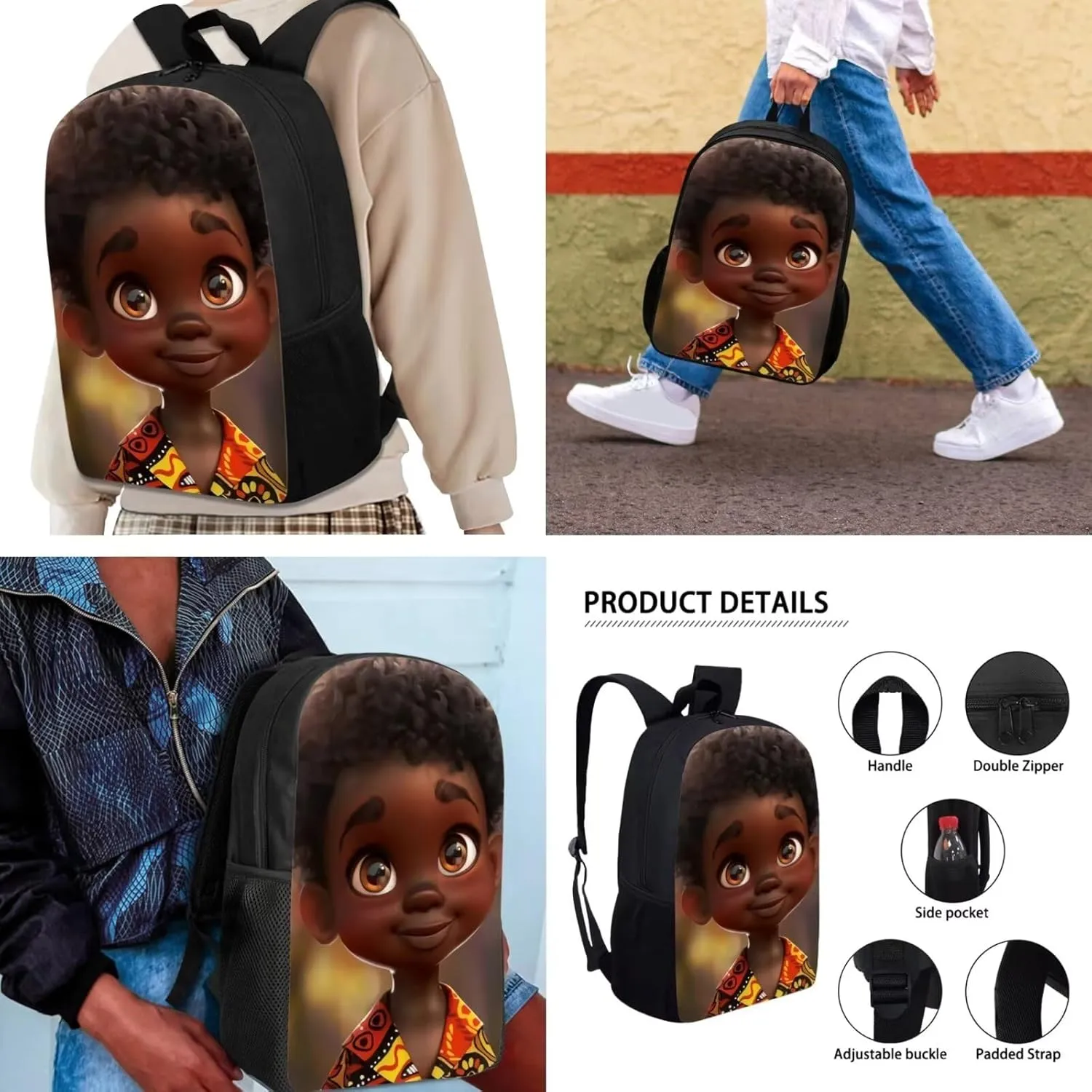 African Boy Backpack Set Laptop Bookbag Travel School Bag with Insulated Lunch Box Pencil Case for School African American Bookbag for Elementary Middle Student