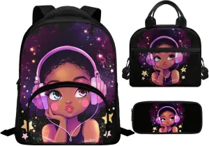 African Girls Bookbag for Girls Primary School Lightweight Backpack with Thermal Lunch Box and Pencil Case 3PCS School Backpack Set for Kids Spring and Fall Trips Bag