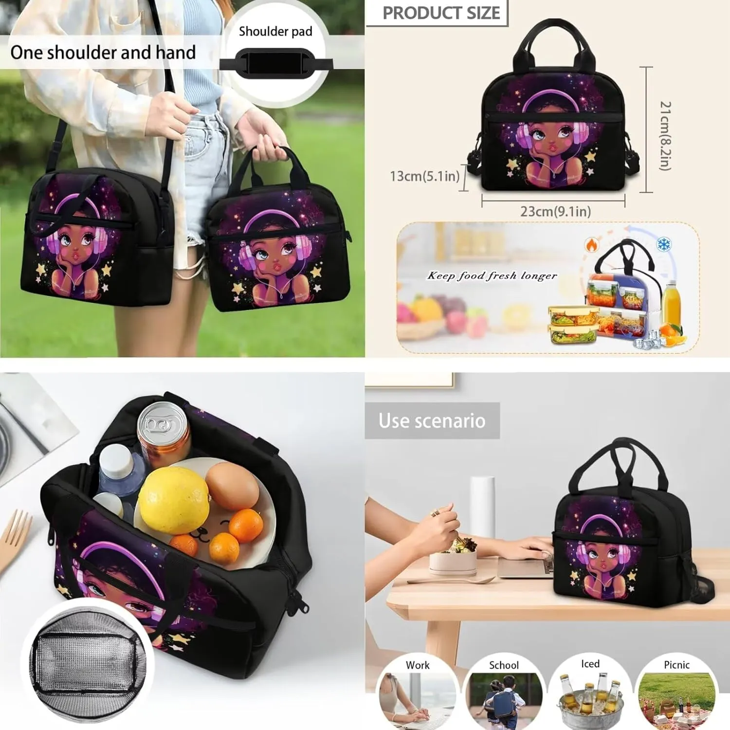 African Girls Bookbag for Girls Primary School Lightweight Backpack with Thermal Lunch Box and Pencil Case 3PCS School Backpack Set for Kids Spring and Fall Trips Bag