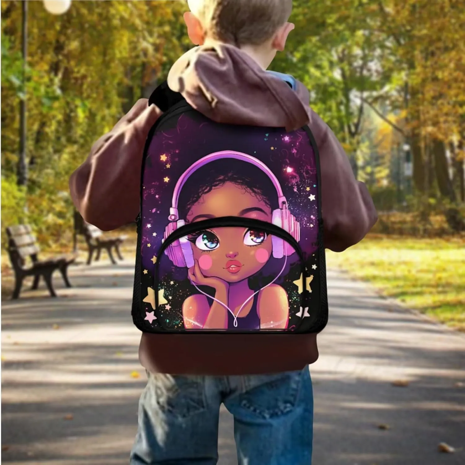African Girls Bookbag for Girls Primary School Lightweight Backpack with Thermal Lunch Box and Pencil Case 3PCS School Backpack Set for Kids Spring and Fall Trips Bag