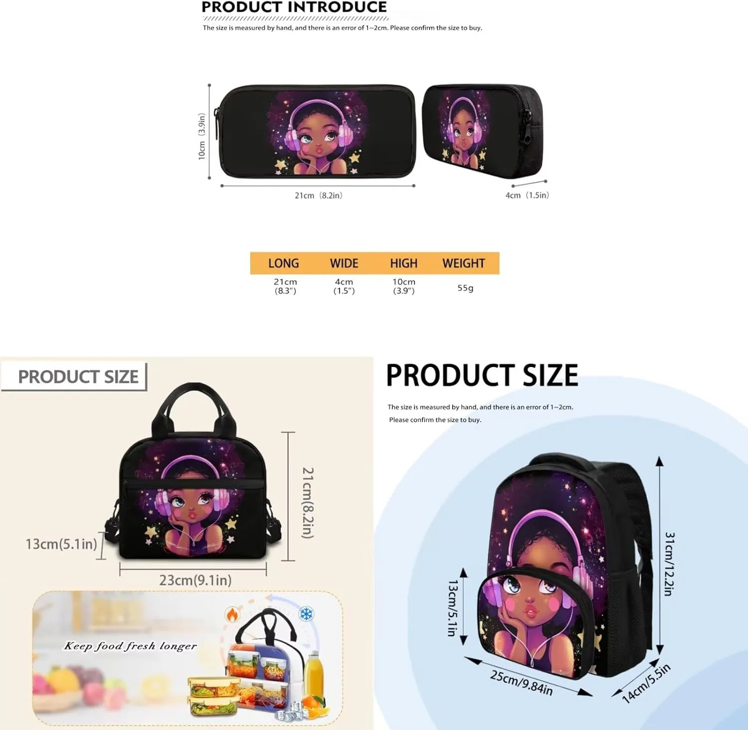 African Girls Bookbag for Girls Primary School Lightweight Backpack with Thermal Lunch Box and Pencil Case 3PCS School Backpack Set for Kids Spring and Fall Trips Bag