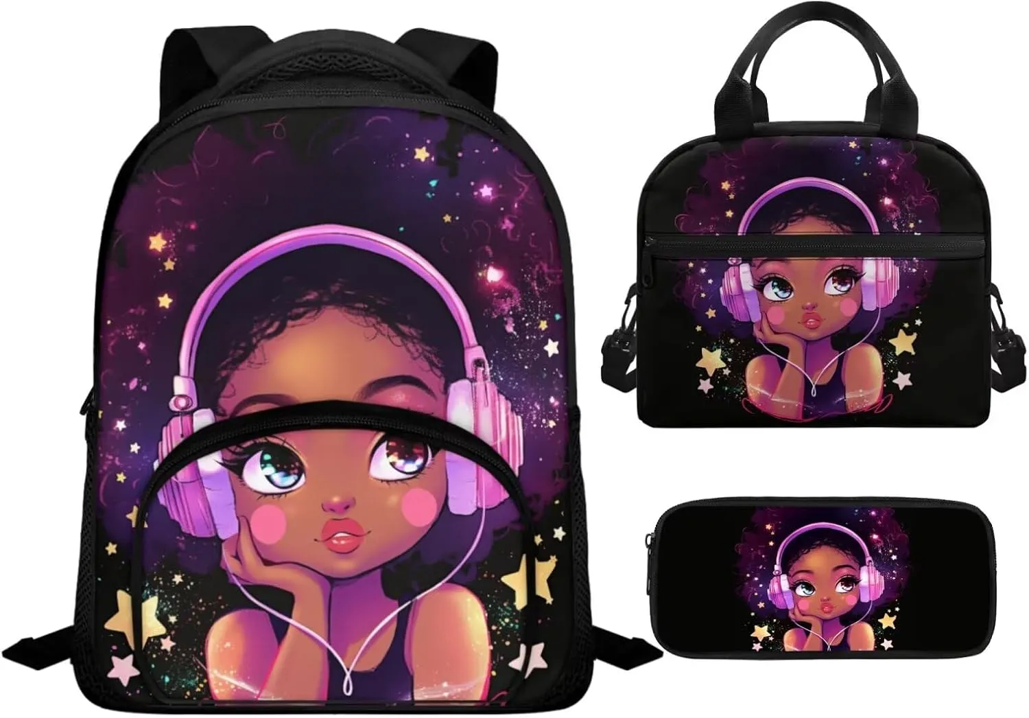 African Girls Bookbag for Girls Primary School Lightweight Backpack with Thermal Lunch Box and Pencil Case 3PCS School Backpack Set for Kids Spring and Fall Trips Bag