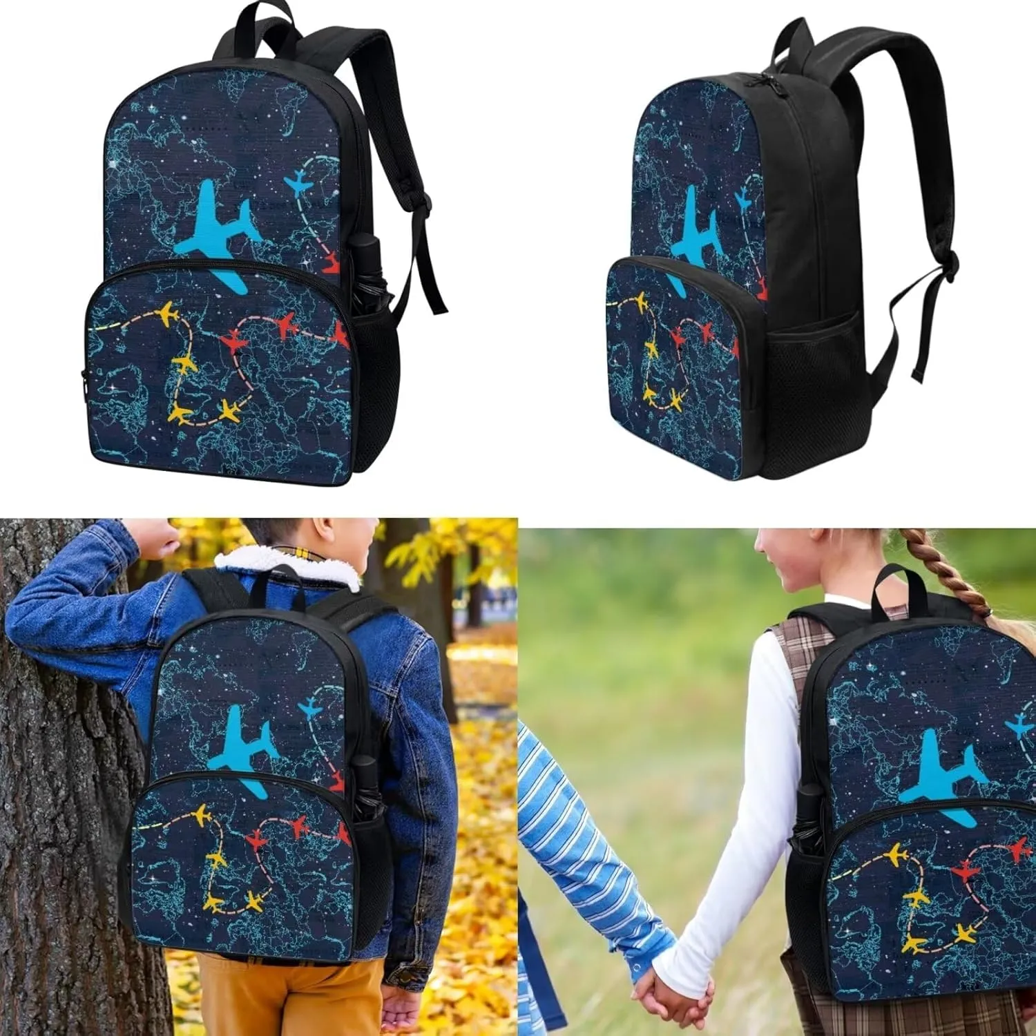 Airplanes School Bags for Kids, 3PCS Backpack with Lunch Bag Insulated Portable Pencil Bag for School Kids School Backpack for Preschool Kindergarten Elementary