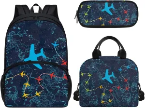 Airplanes School Bags for Kids, 3PCS Backpack with Lunch Bag Insulated Portable Pencil Bag for School Kids School Backpack for Preschool Kindergarten Elementary