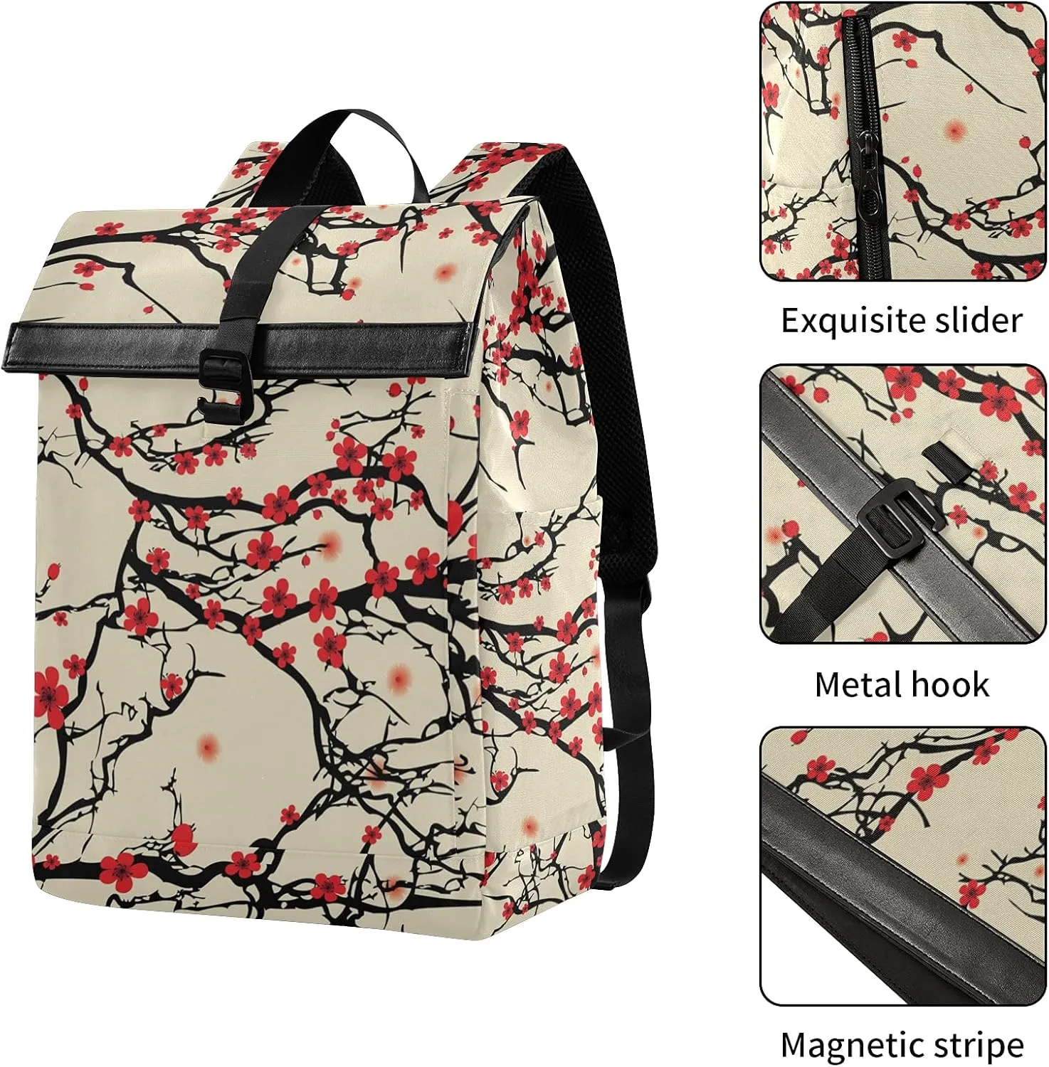 ALAZA Japanese Cherry Blossom Sakura Vintage Large Laptop Backpack Purse for Women Men Waterproof Anti Theft Roll Top Backpack, 13-17.3 inch