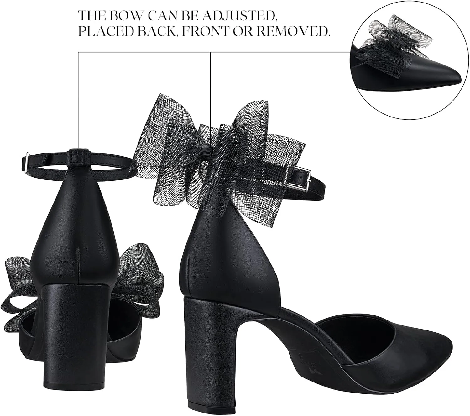 ALICEPUB Women's Detachable Bow Heels Closed Toe 3 Inch Heels Comfortable Work Dress Prom Wedding Pumps