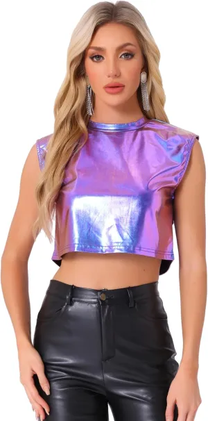 Allegra K Metallic Top for Women's Sleeveless Sparkle Party Round Neck Crop Holographic Tops