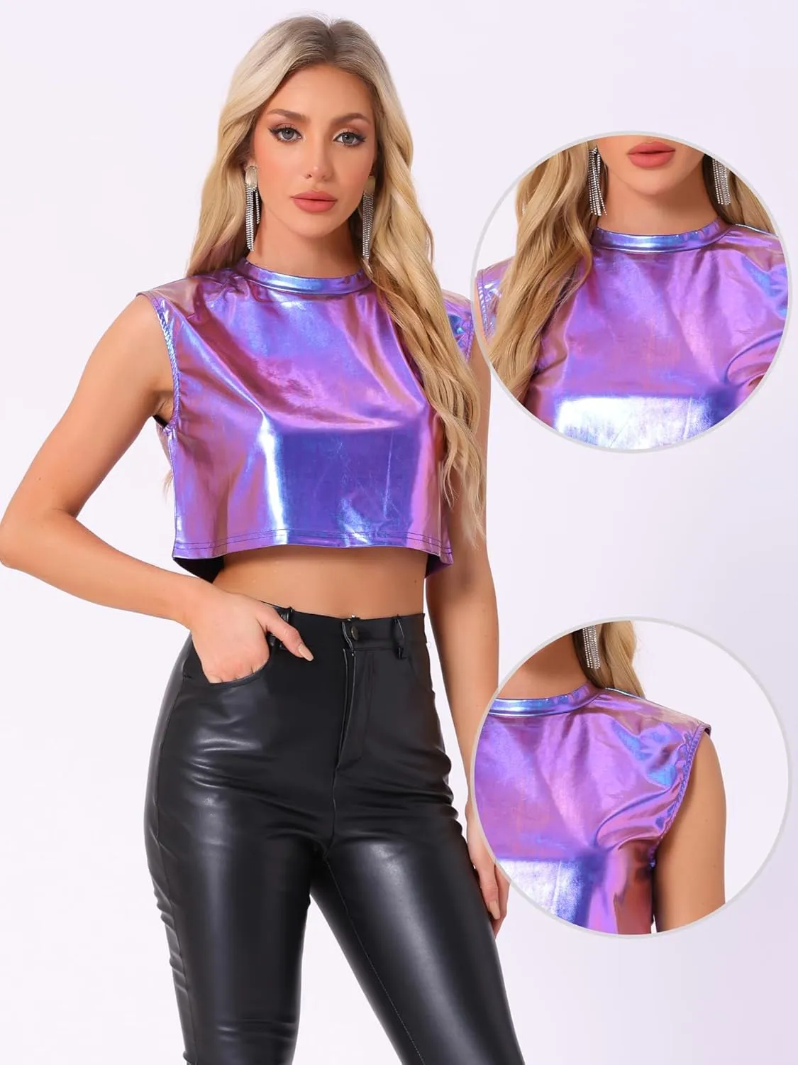 Allegra K Metallic Top for Women's Sleeveless Sparkle Party Round Neck Crop Holographic Tops