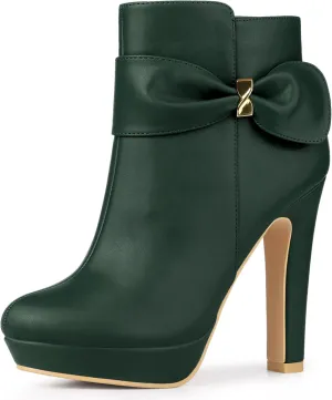 Allegra K Women's Chunky High Heels Platform Bow Decor Ankle Boots