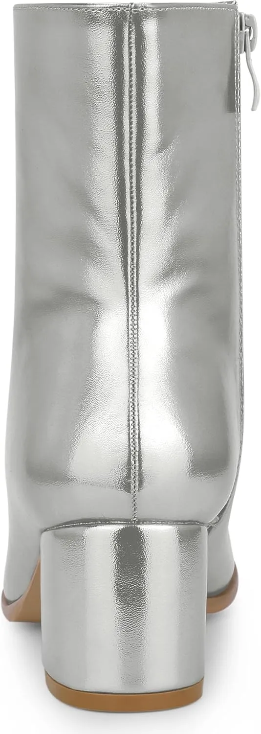 Allegra K Women's Metallic Boots Square Toe Chunky Heel Gogo Ankle Boots
