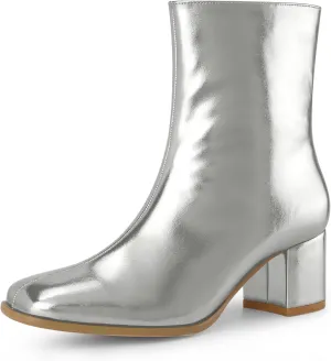 Allegra K Women's Metallic Boots Square Toe Chunky Heel Gogo Ankle Boots