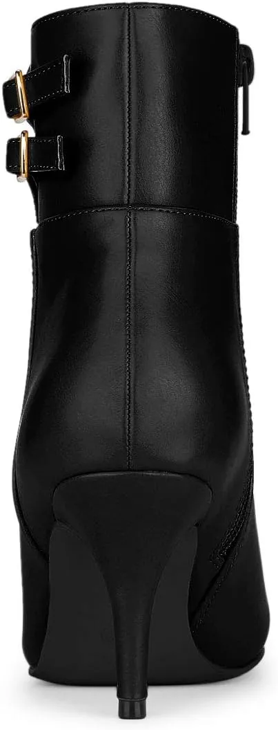 Allegra K Women's Pointed Toe Buckle Stiletto Heels Ankle Boots