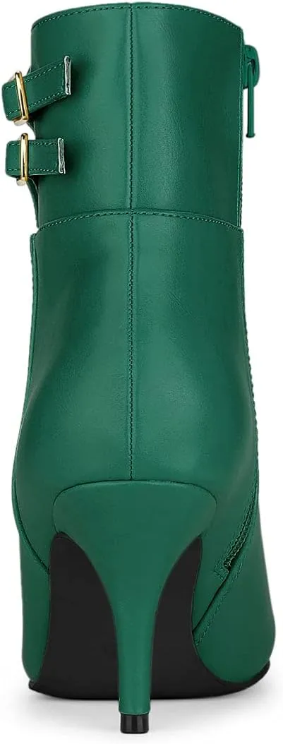 Allegra K Women's Pointed Toe Buckle Stiletto Heels Ankle Boots