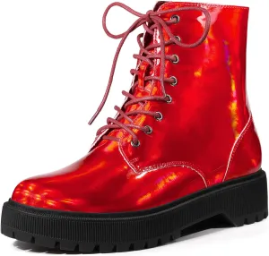 Allegra K Women's Round Toe Platform Lace Up Colorful Combat Ankle Boots