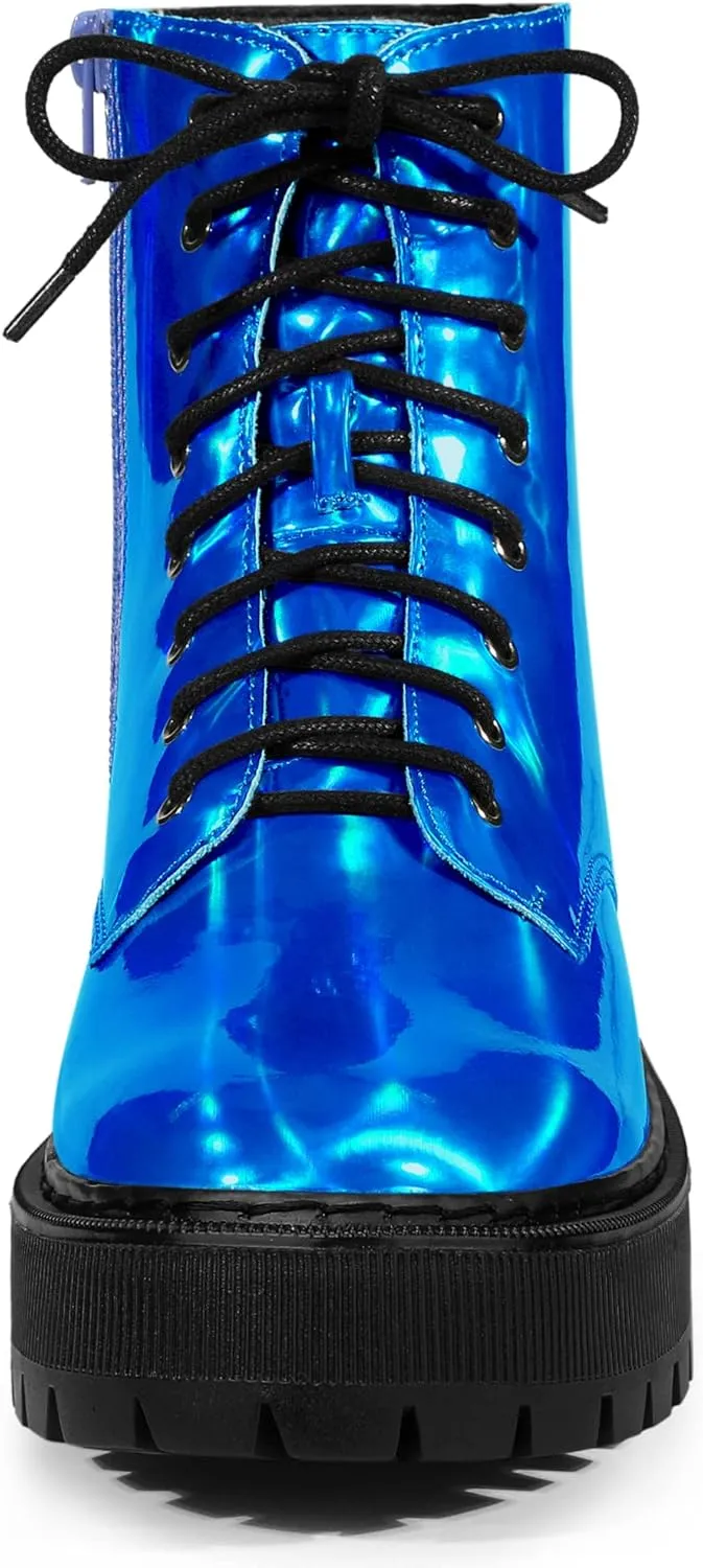 Allegra K Women's Round Toe Platform Lace Up Colorful Combat Ankle Boots