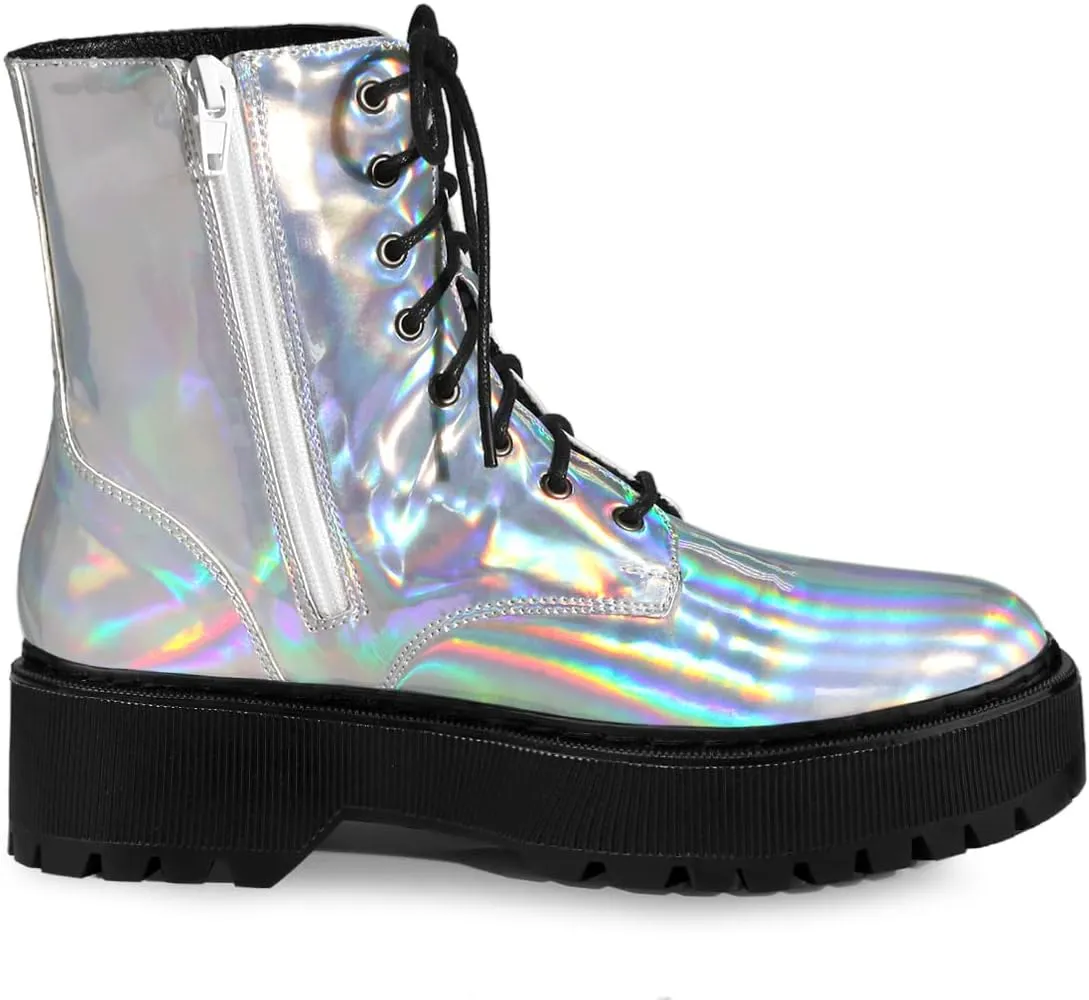 Allegra K Women's Round Toe Platform Lace Up Colorful Combat Ankle Boots