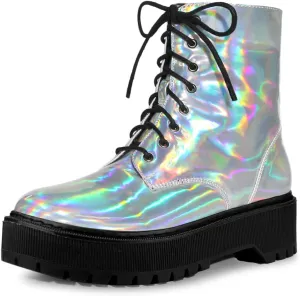 Allegra K Women's Round Toe Platform Lace Up Colorful Combat Ankle Boots