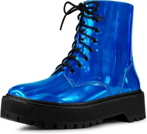Allegra K Women's Round Toe Platform Lace Up Colorful Combat Ankle Boots