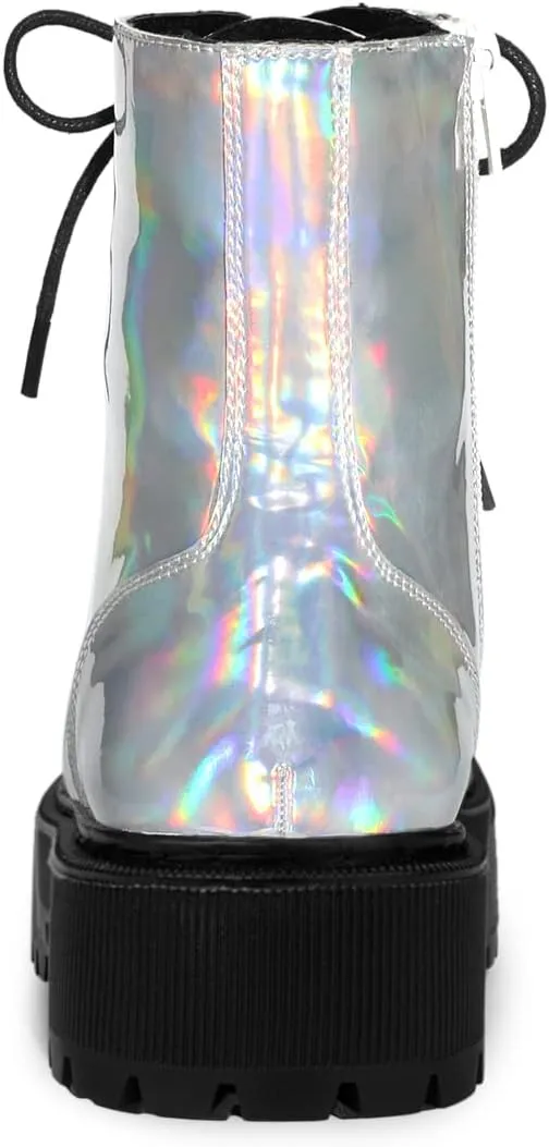 Allegra K Women's Round Toe Platform Lace Up Colorful Combat Ankle Boots