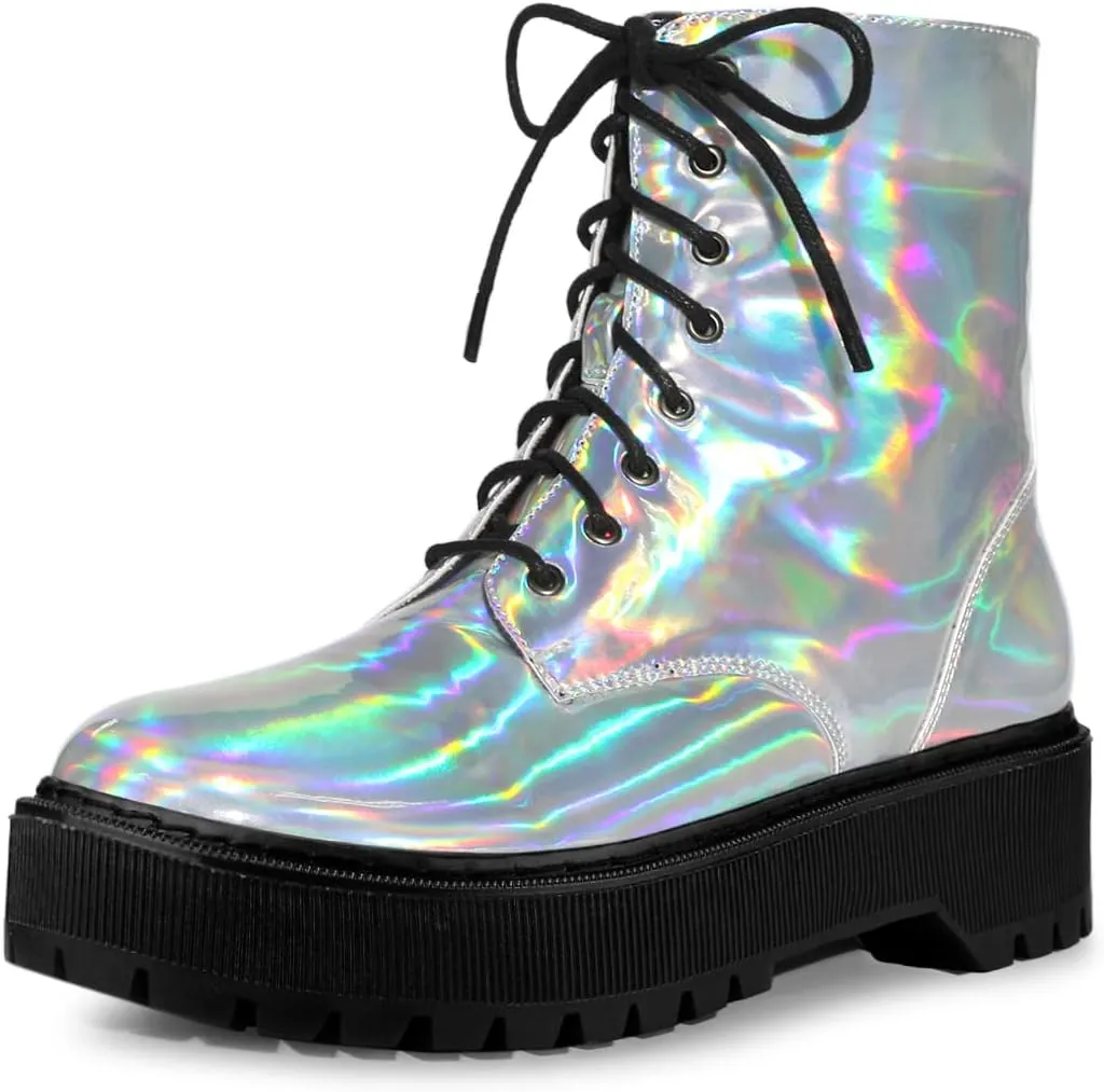 Allegra K Women's Round Toe Platform Lace Up Colorful Combat Ankle Boots