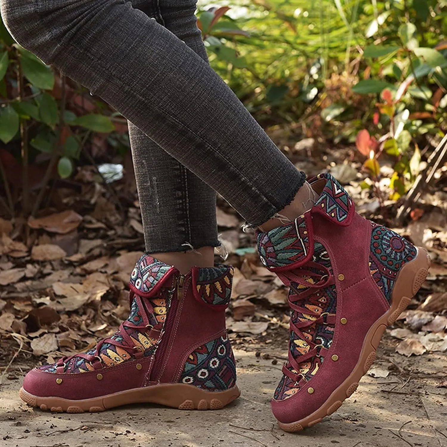 AMDBEL Fall Boots for Women 2024, Women's Ankle Boots Low Heel Lace Up Short Boots Bohemian Winter Vintage Booties Shoes