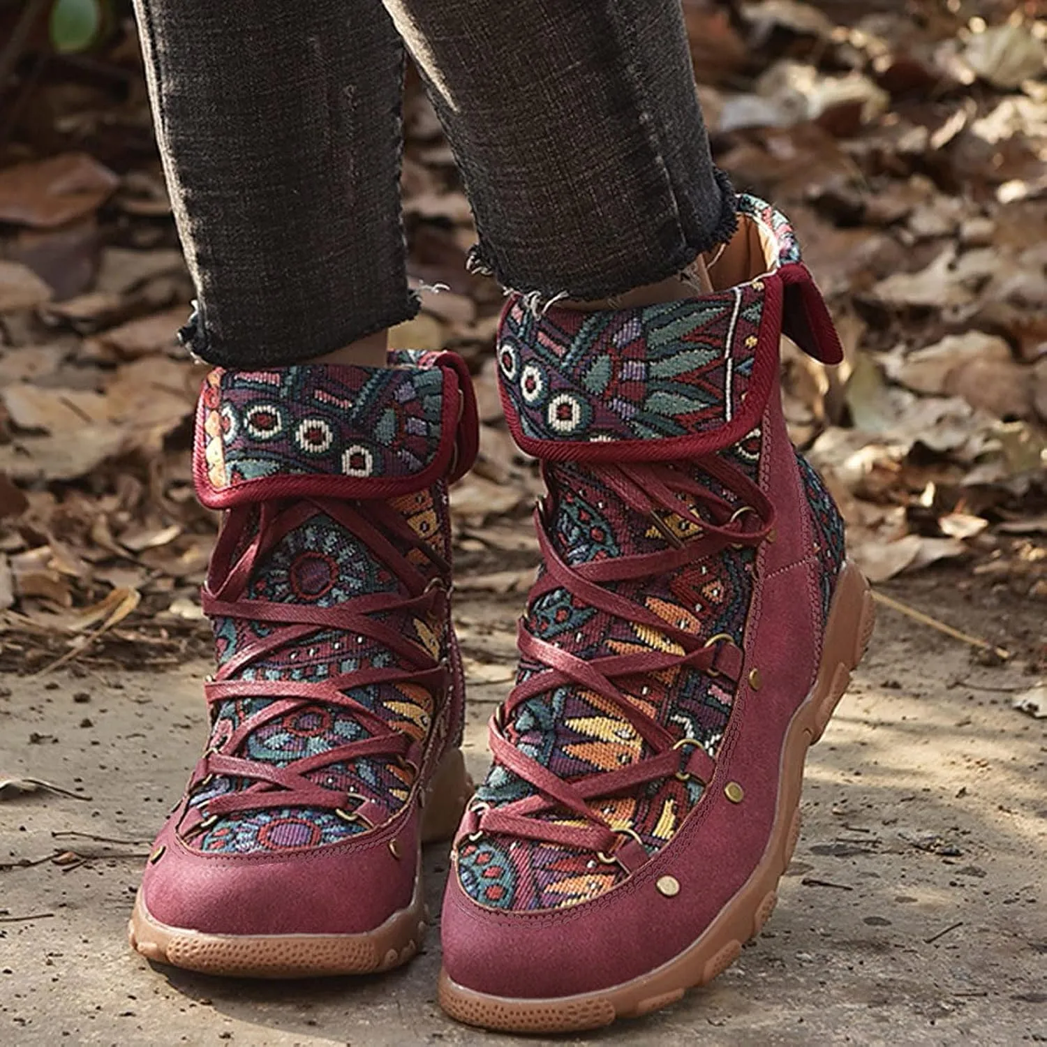 AMDBEL Fall Boots for Women 2024, Women's Ankle Boots Low Heel Lace Up Short Boots Bohemian Winter Vintage Booties Shoes