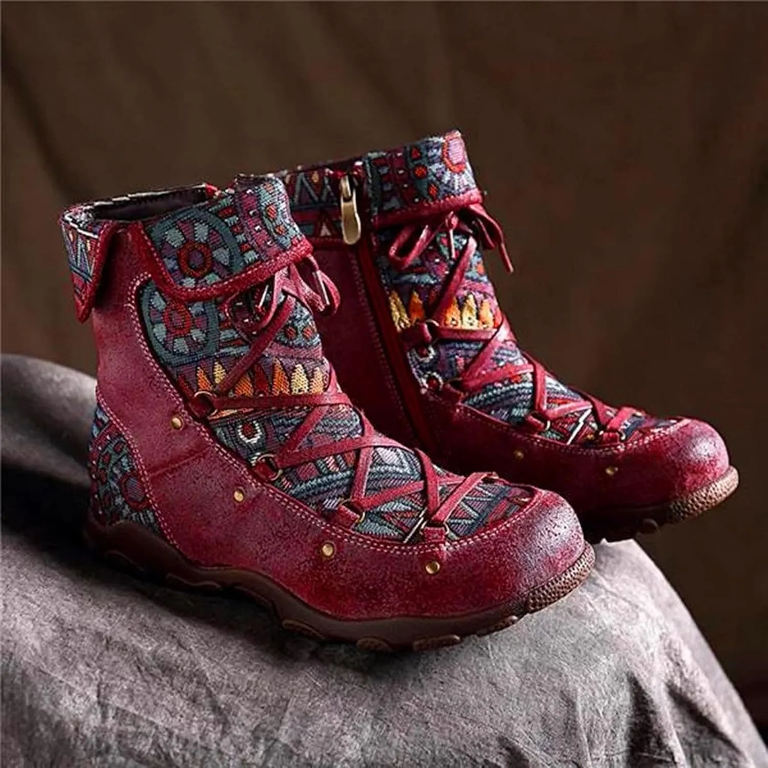 AMDBEL Fall Boots for Women 2024, Women's Ankle Boots Low Heel Lace Up Short Boots Bohemian Winter Vintage Booties Shoes