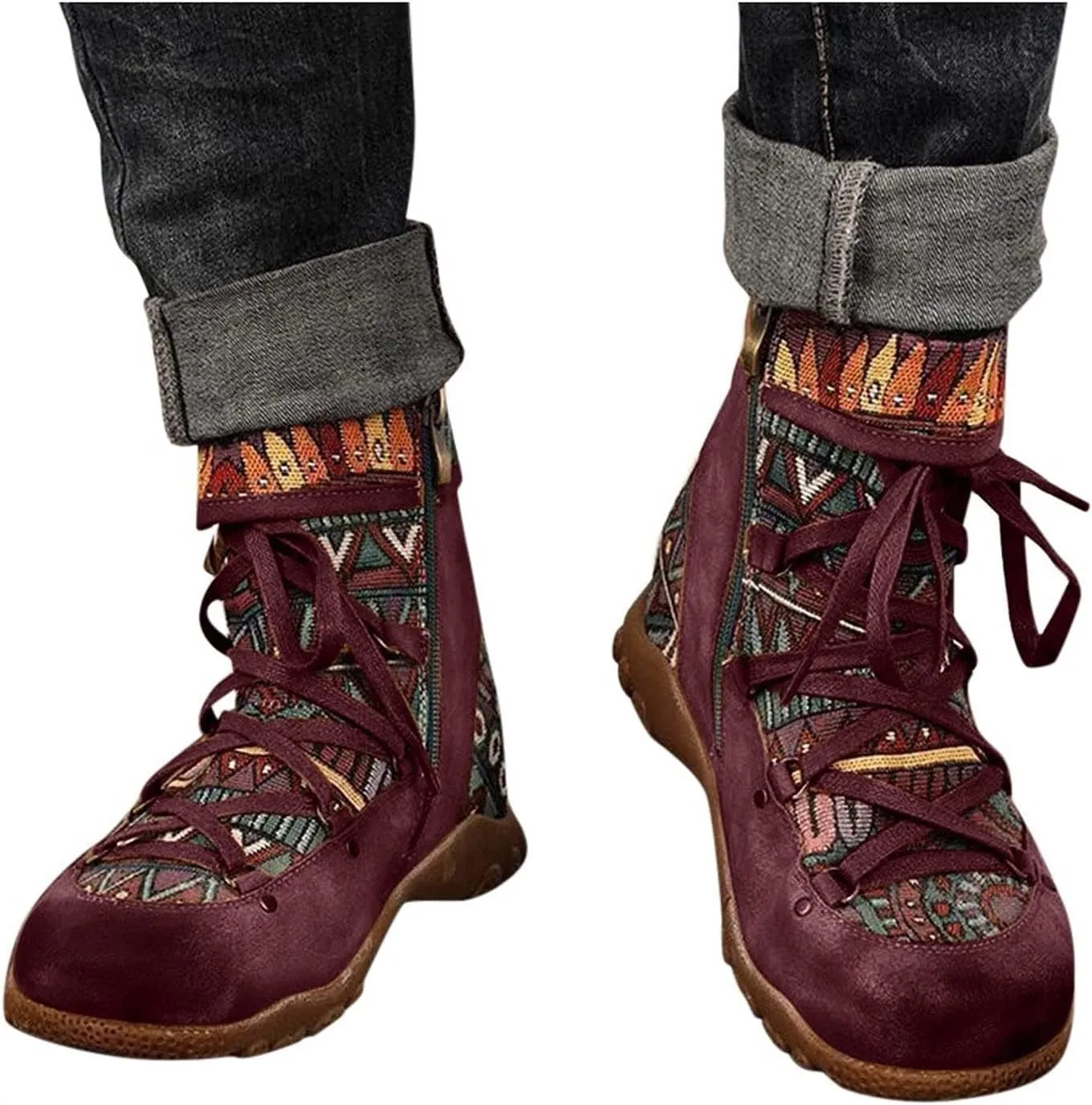 AMDBEL Fall Boots for Women 2024, Women's Ankle Boots Low Heel Lace Up Short Boots Bohemian Winter Vintage Booties Shoes