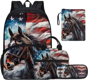 American Flag Backpack with Bookcase Pocket for Kids Canvas Backpack with Lunch Bag for School Girls and Pencil Pouch Aesthetic for Back to School Gifts