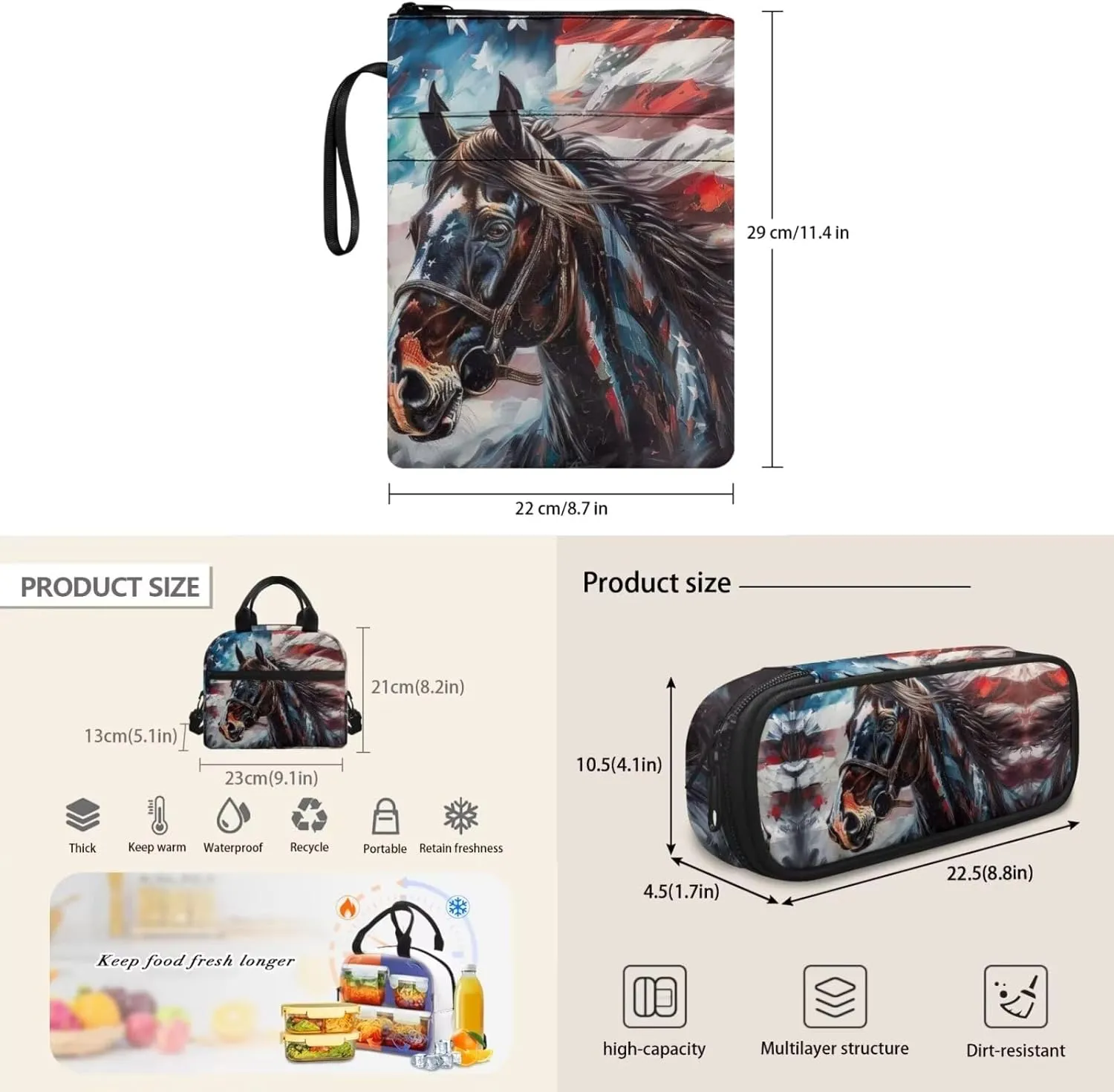 American Flag Backpack with Bookcase Pocket for Kids Canvas Backpack with Lunch Bag for School Girls and Pencil Pouch Aesthetic for Back to School Gifts