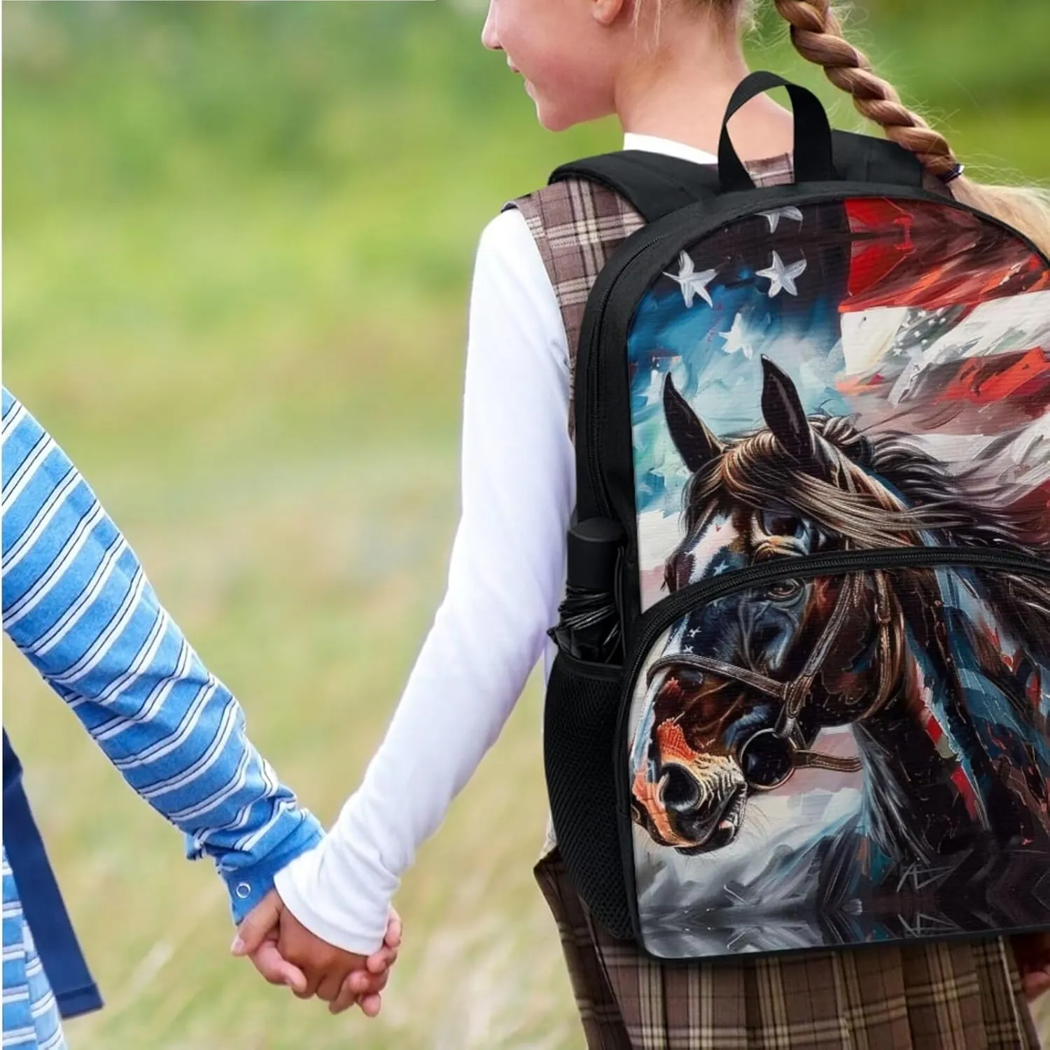 American Flag Backpack with Bookcase Pocket for Kids Canvas Backpack with Lunch Bag for School Girls and Pencil Pouch Aesthetic for Back to School Gifts