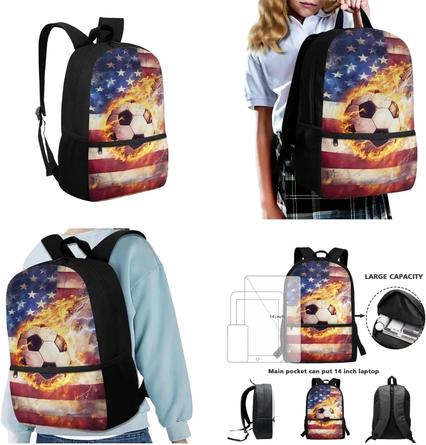 American Flag Football 3 in 1 School Backpack Set with Bottle Mesh Pockets for School Accessories Large Capacity Pencil Case Leakproof Insulated Lunchbox School Bag