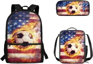 American Flag Football 3 in 1 School Backpack Set with Bottle Mesh Pockets for School Accessories Large Capacity Pencil Case Leakproof Insulated Lunchbox School Bag
