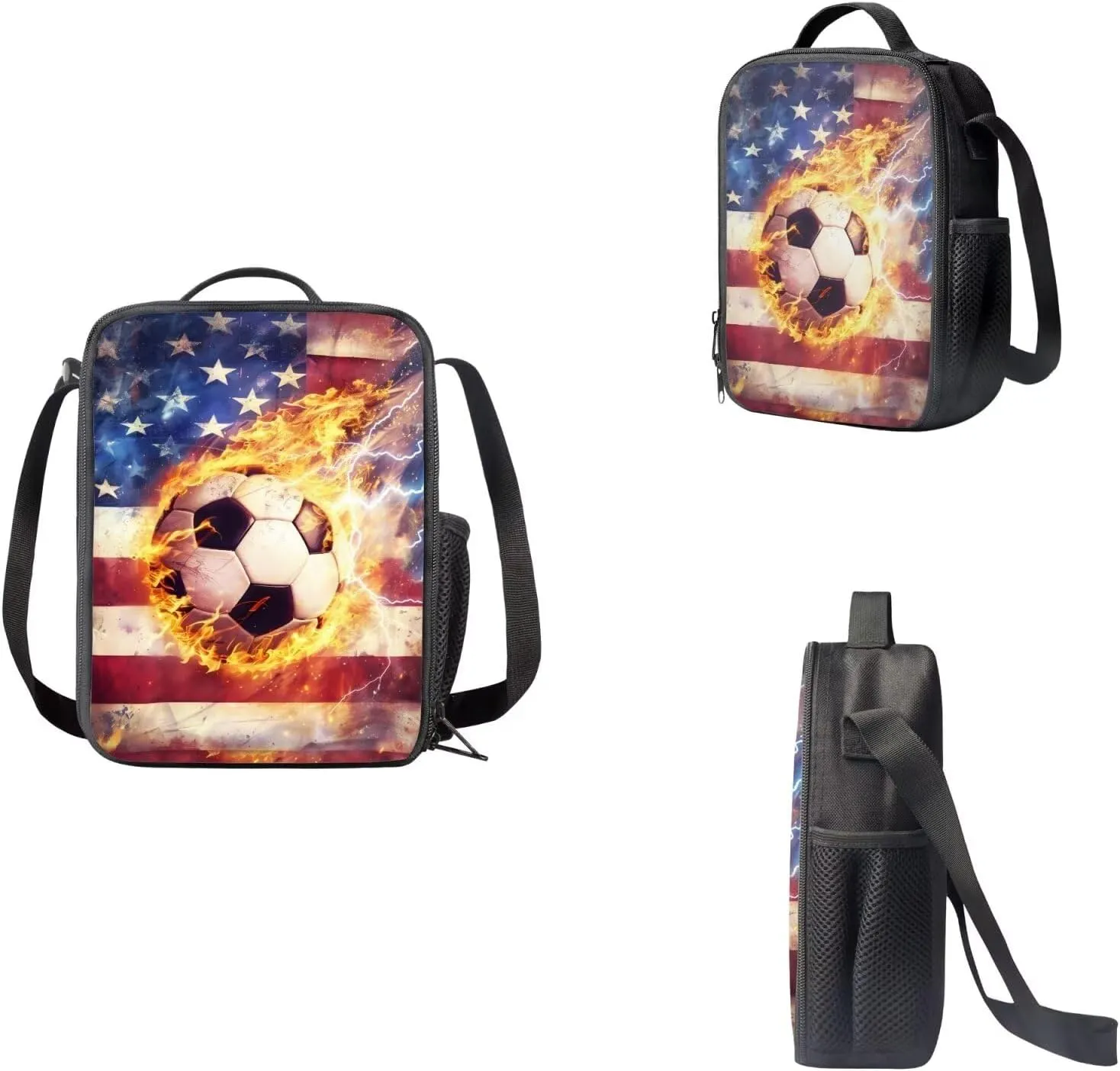 American Flag Football 3 in 1 School Backpack Set with Bottle Mesh Pockets for School Accessories Large Capacity Pencil Case Leakproof Insulated Lunchbox School Bag
