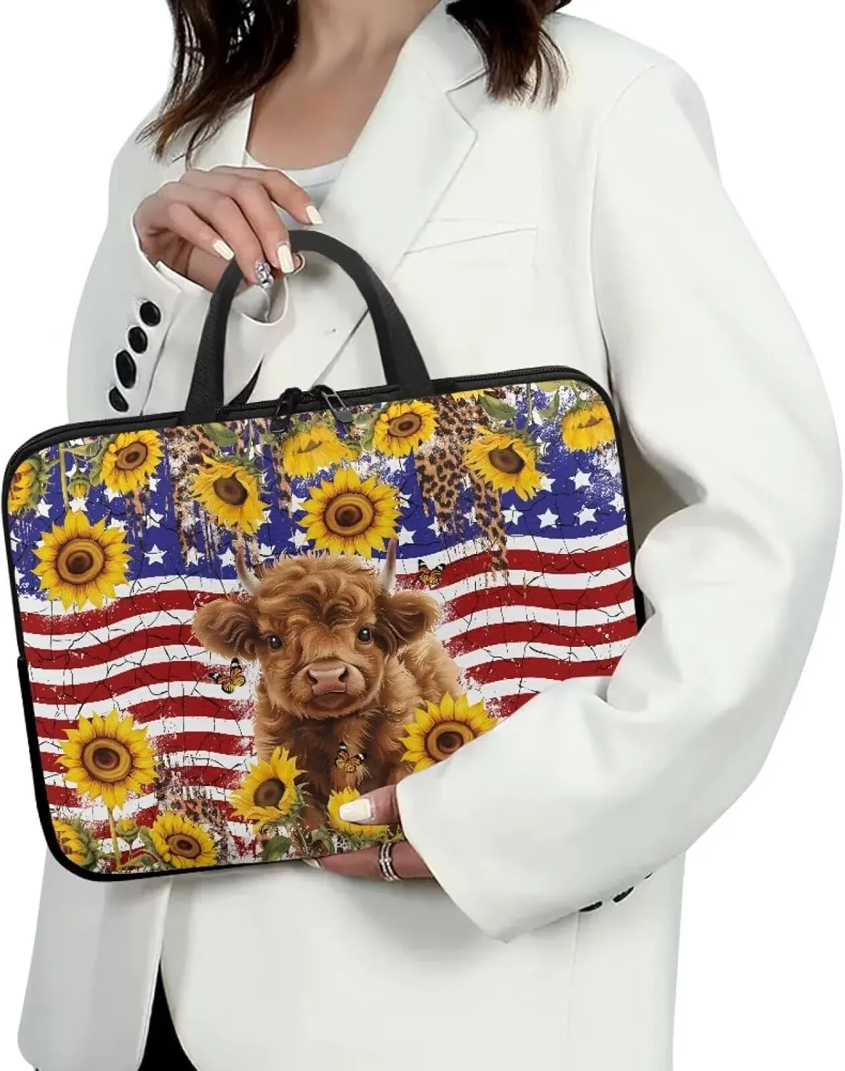 American Flag Sunflower Highland Cow Print Laptop Sleeve Case with Handle Computer Cover Compatible with 10-17 Inch Tablet for Women Men 360° Protective Carrying Bag Briefcase, 17inch