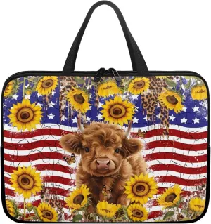 American Flag Sunflower Highland Cow Print Laptop Sleeve Case with Handle Computer Cover Compatible with 10-17 Inch Tablet for Women Men 360° Protective Carrying Bag Briefcase, 17inch