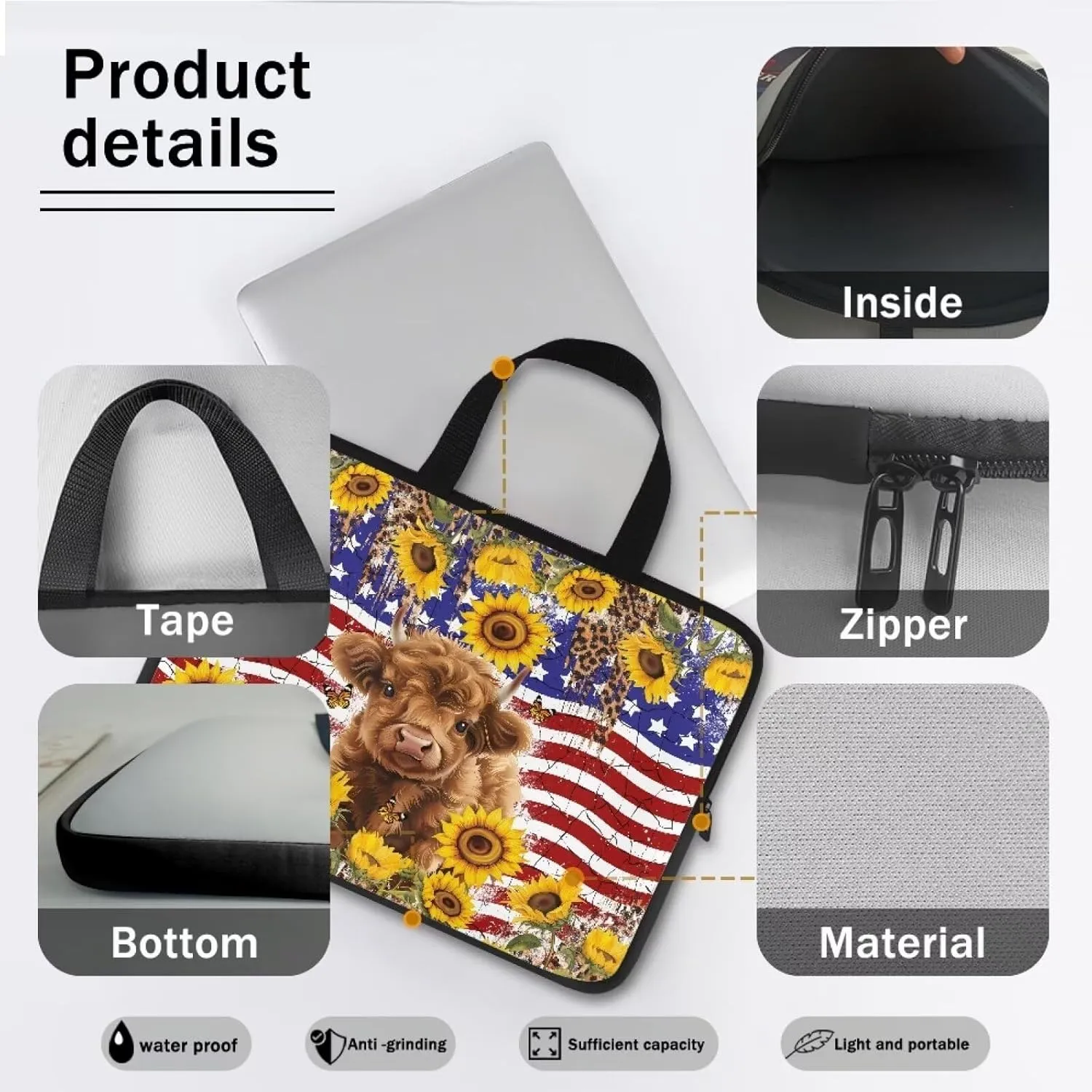 American Flag Sunflower Highland Cow Print Laptop Sleeve Case with Handle Computer Cover Compatible with 10-17 Inch Tablet for Women Men 360° Protective Carrying Bag Briefcase, 17inch