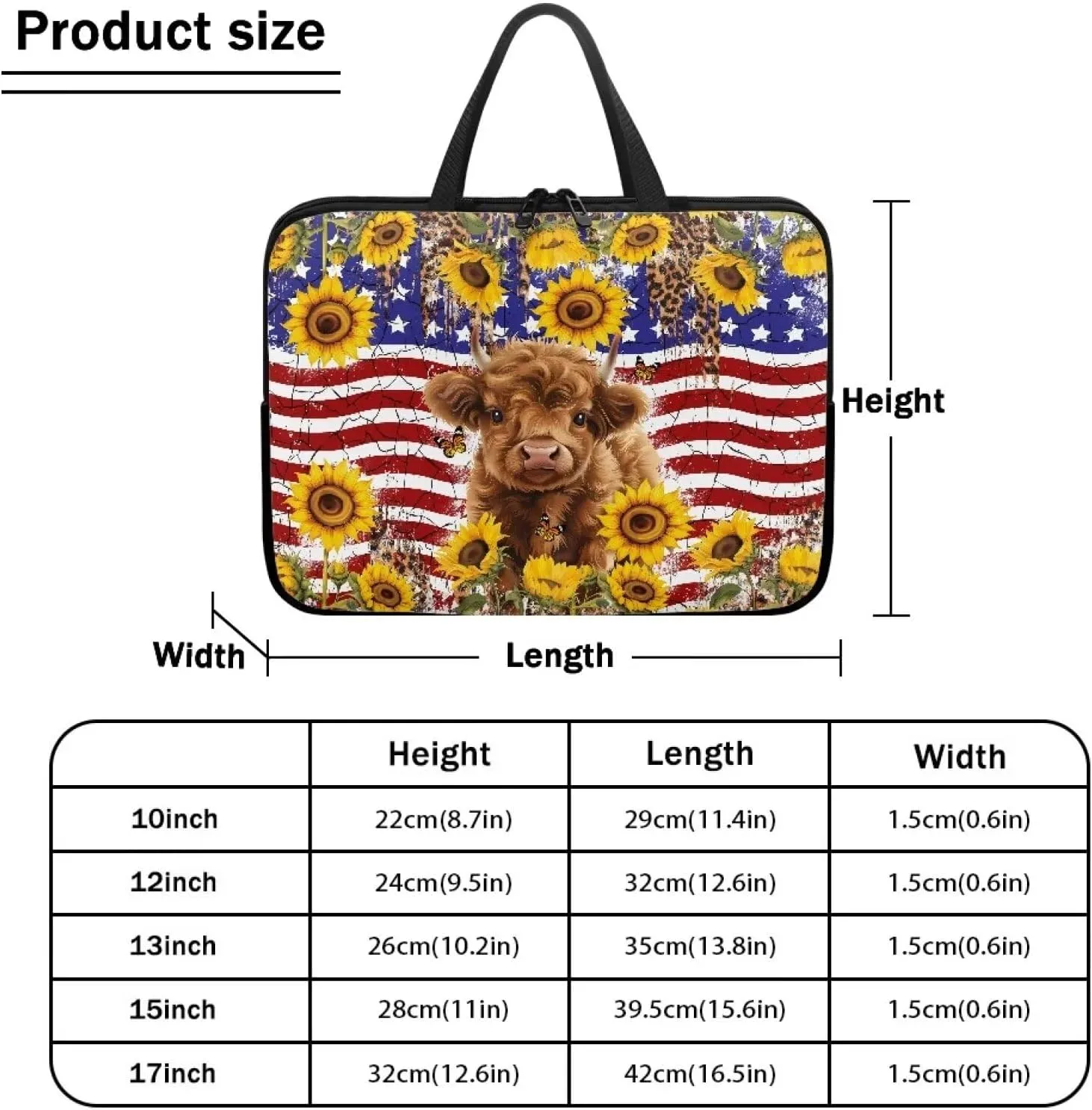 American Flag Sunflower Highland Cow Print Laptop Sleeve Case with Handle Computer Cover Compatible with 10-17 Inch Tablet for Women Men 360° Protective Carrying Bag Briefcase, 17inch