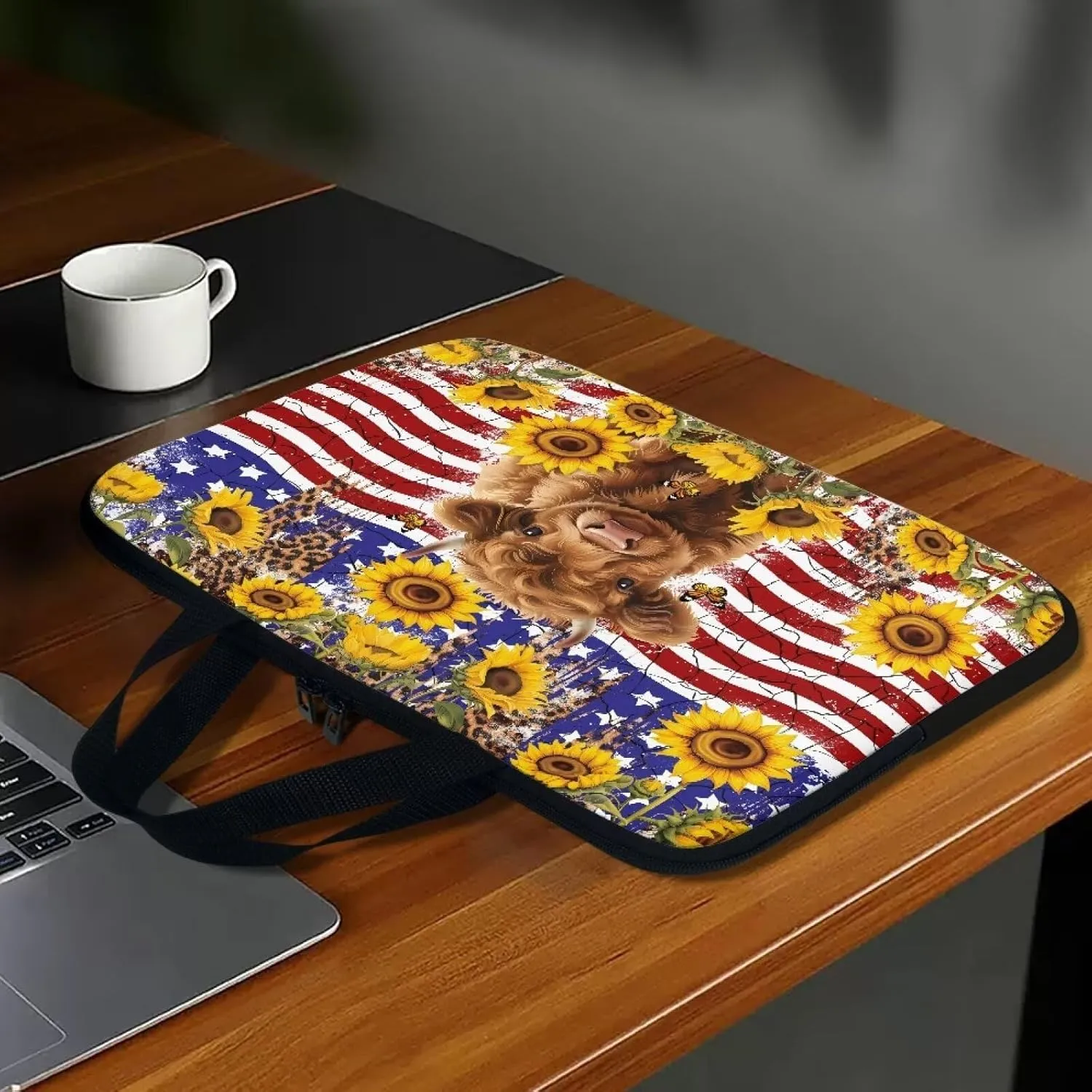 American Flag Sunflower Highland Cow Print Laptop Sleeve Case with Handle Computer Cover Compatible with 10-17 Inch Tablet for Women Men 360° Protective Carrying Bag Briefcase, 17inch