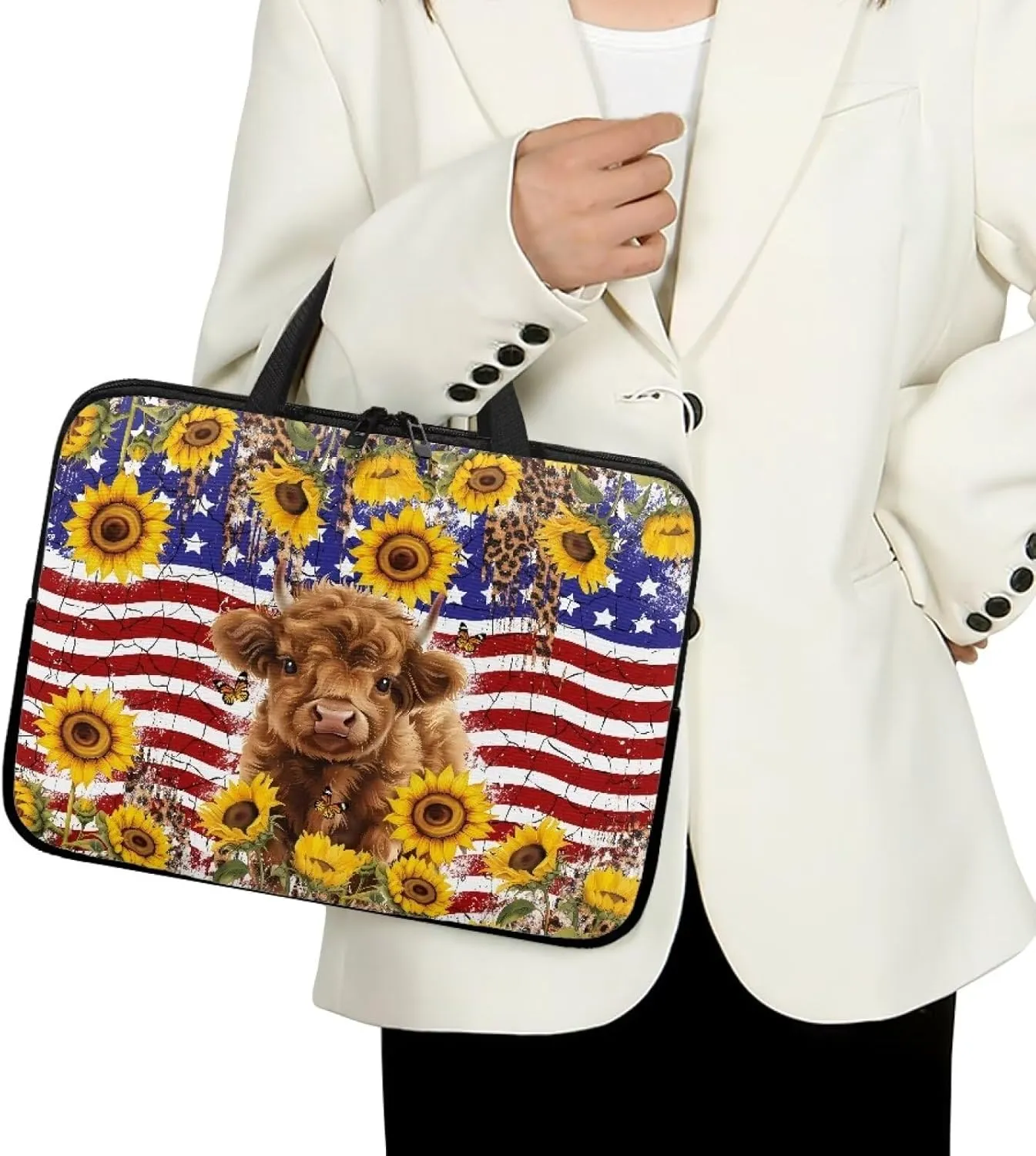 American Flag Sunflower Highland Cow Print Laptop Sleeve Case with Handle Computer Cover Compatible with 10-17 Inch Tablet for Women Men 360° Protective Carrying Bag Briefcase, 17inch