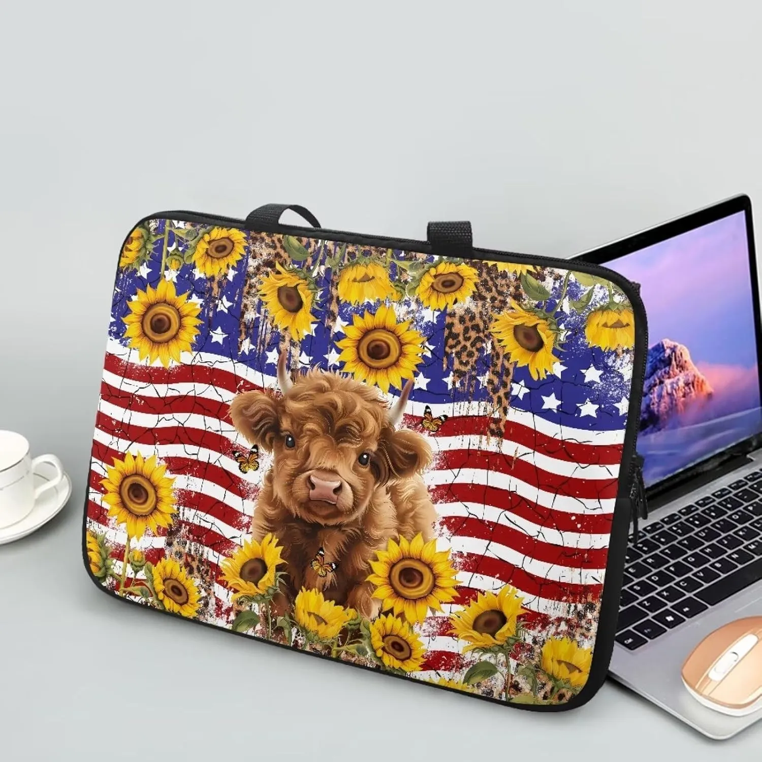 American Flag Sunflower Highland Cow Print Laptop Sleeve Case with Handle Computer Cover Compatible with 10-17 Inch Tablet for Women Men 360° Protective Carrying Bag Briefcase, 17inch