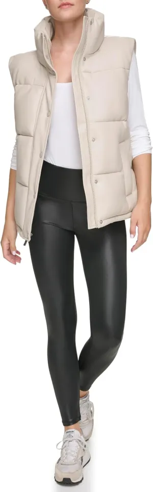 Andrew Marc Women's Funnel Collar Faux Leather Puffer Vest