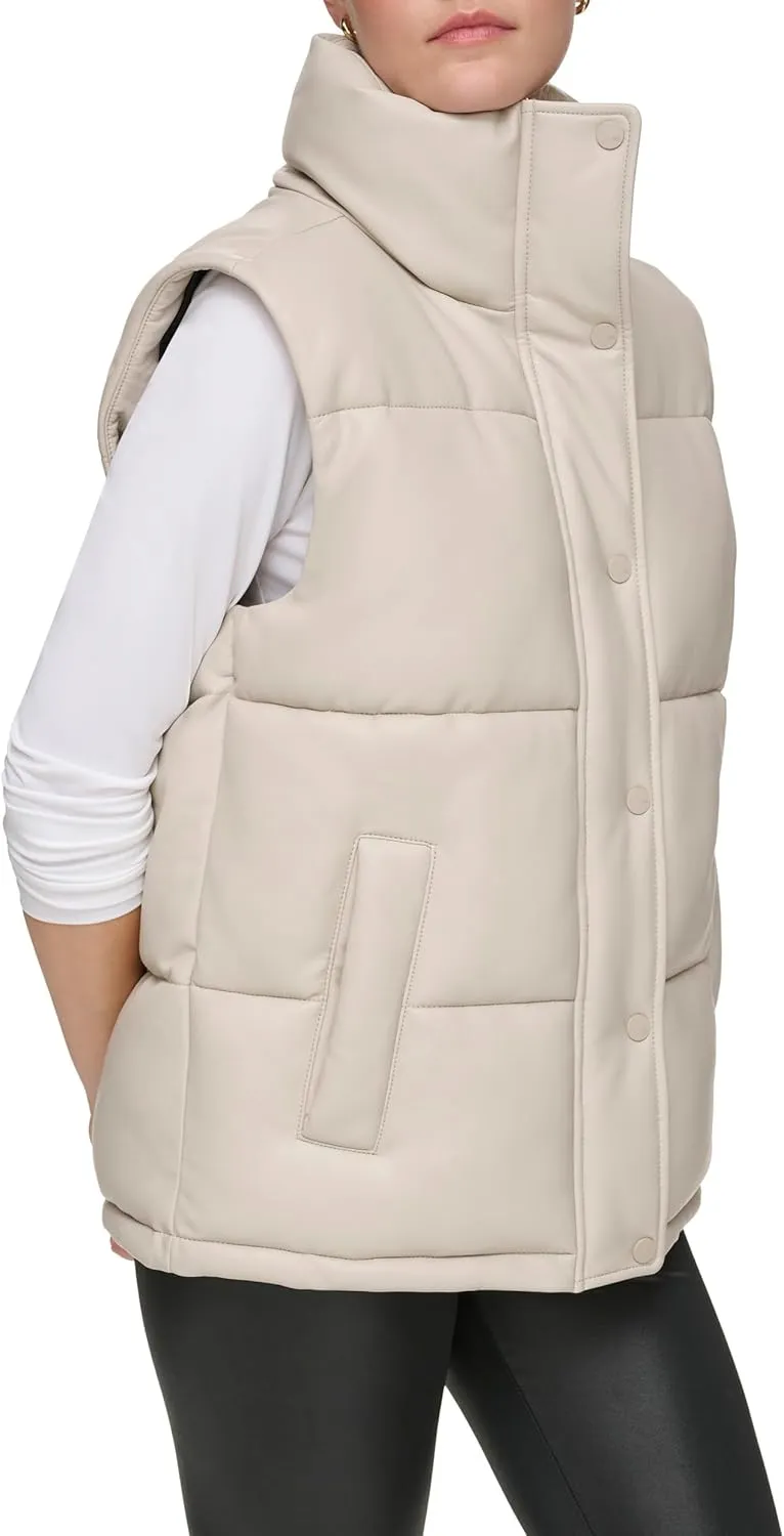 Andrew Marc Women's Funnel Collar Faux Leather Puffer Vest