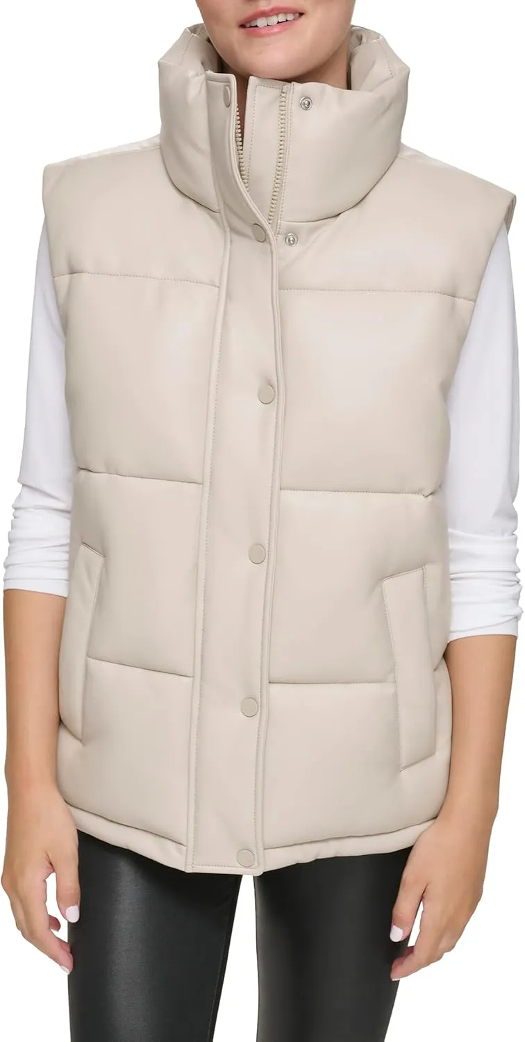 Andrew Marc Women's Funnel Collar Faux Leather Puffer Vest