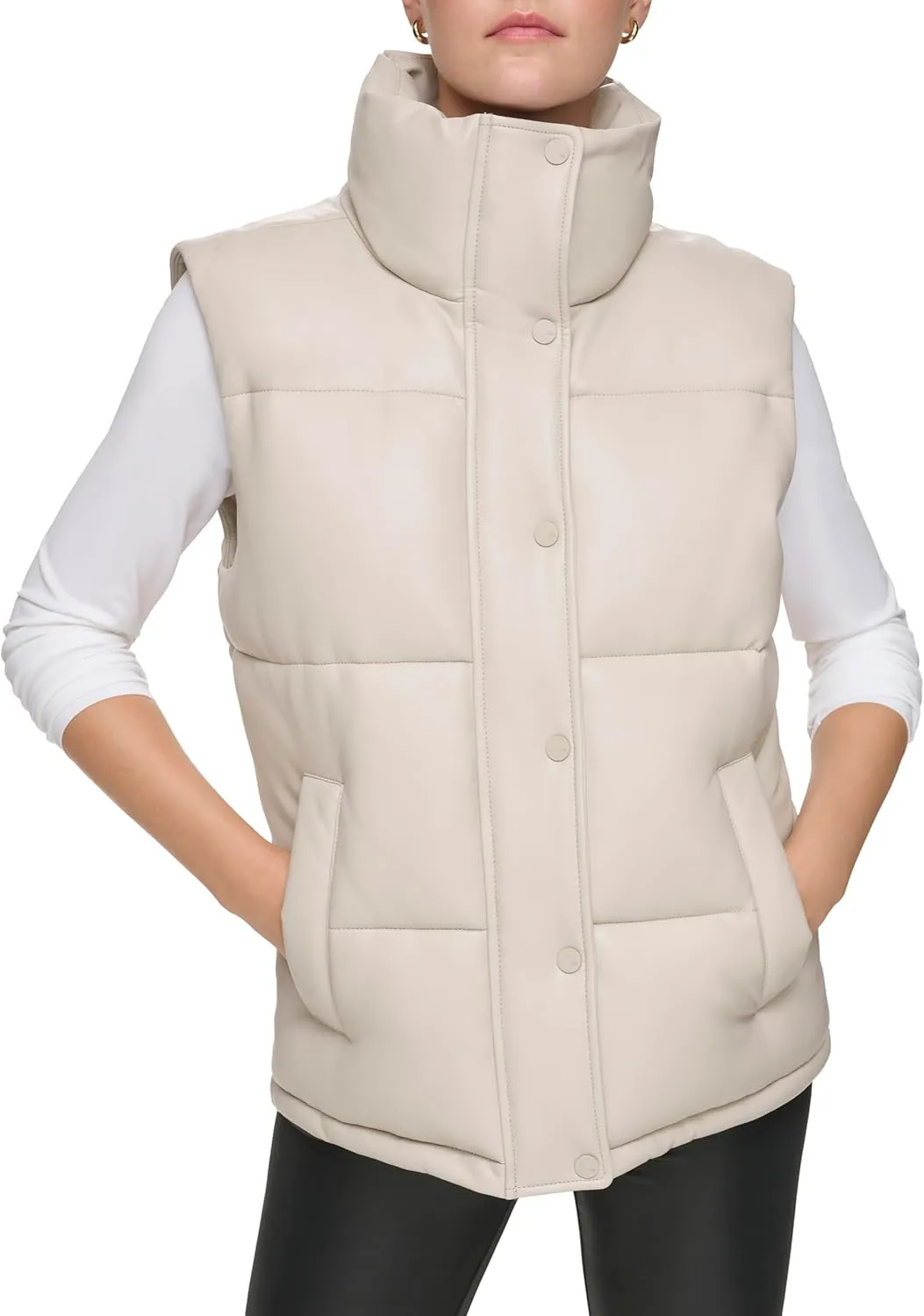 Andrew Marc Women's Funnel Collar Faux Leather Puffer Vest